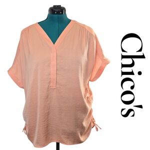 Chicos Peach Pink V Neck Ruched Side Textured Tunic Top Women Size 2 / Large
